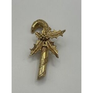 Vintage Raffine Christmas Candy Cane Holly Gold Tone Holiday Jewelry Brooch Pin